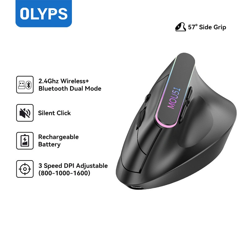 OLYPS Mouse Wireless Bluetooth Vertical Ergonomic Silent Click Gaming RGB Rechargeable 1600DPI