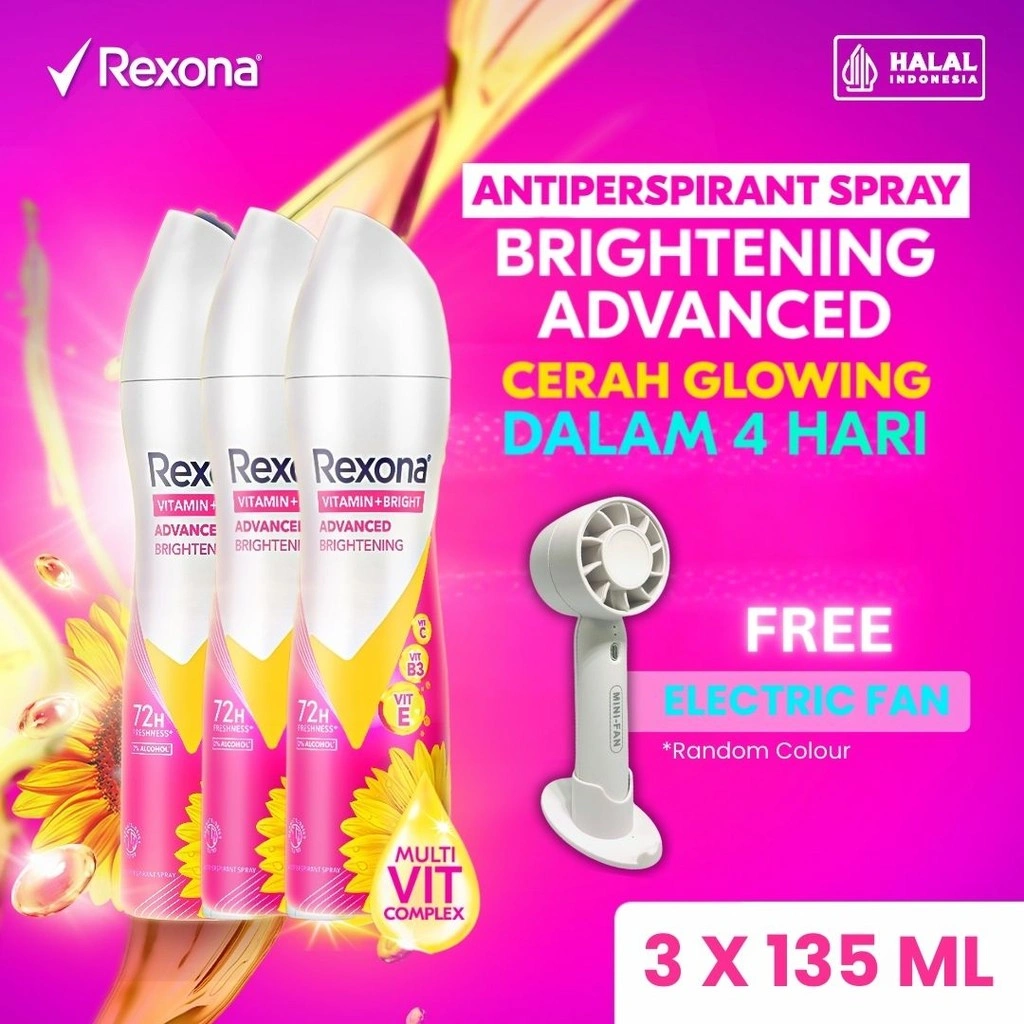 Buy 3 Rexona Women Antiperspirant Aerosol Deodorant Spray Advanced Brightening 135ml FREE Electric Fan