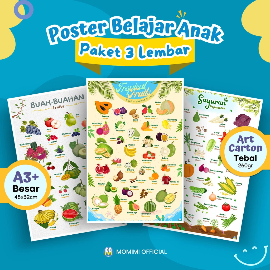 [ Paket 3 Lembar ] Poster Edukasi Buah Buahan dan Sayur Sayuran untuk Belajar Anak Toddler Balita TK