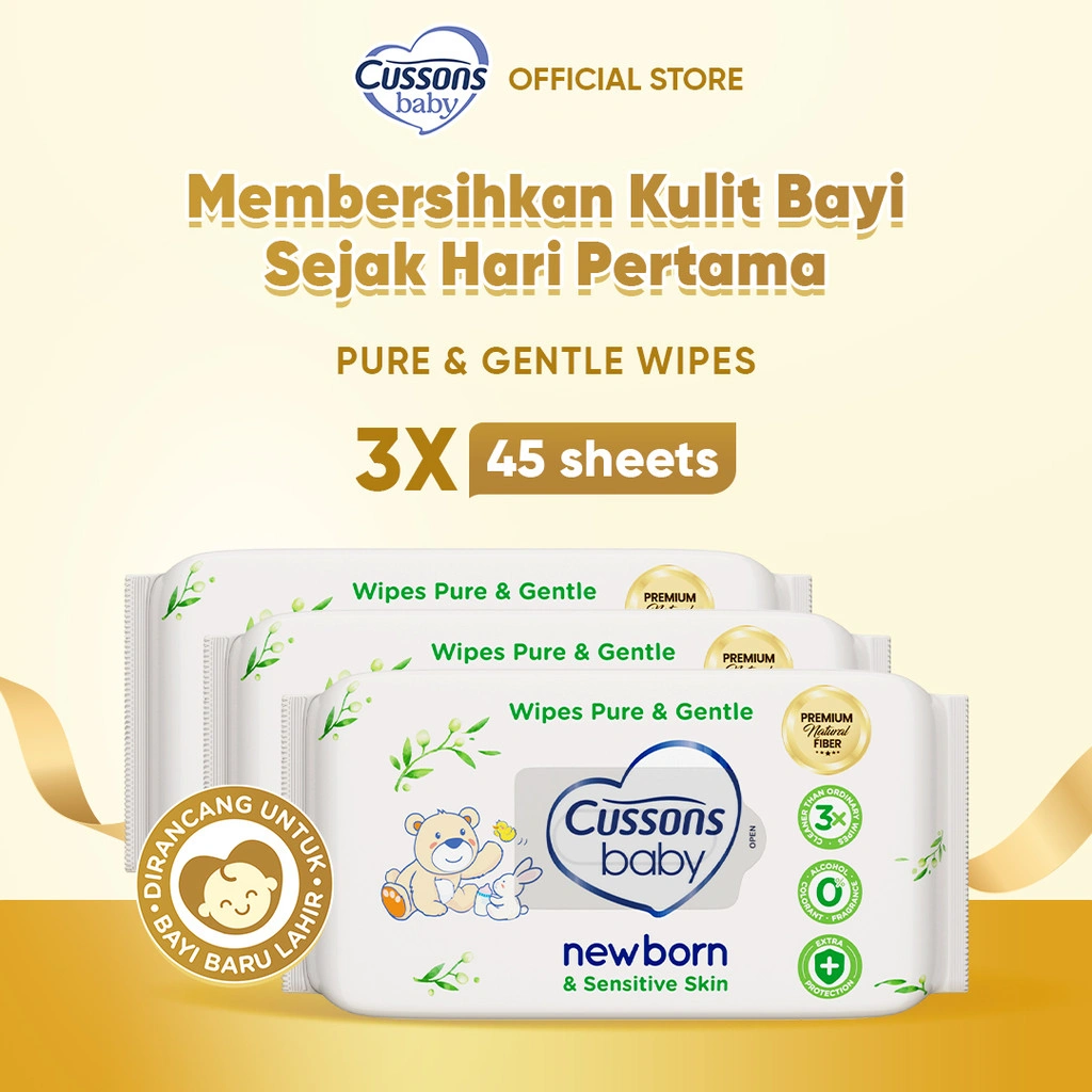 Cussons Baby Wipes Newborn Pure & Gentle -Tisu Basah Bayi-Ganti Popok 45's x3