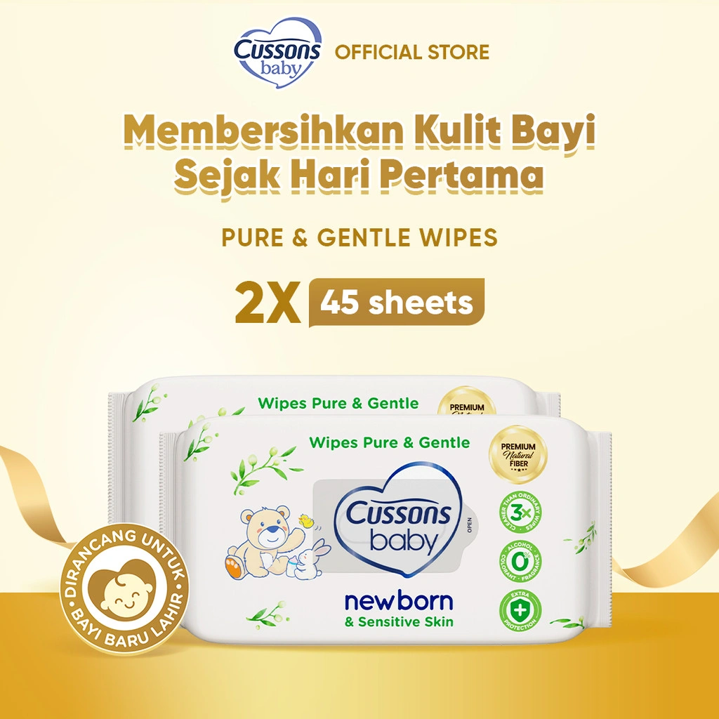 Cussons Baby Wipes Newborn Pure & Gentle -Tisu Basah Bayi-Ganti Popok 45's x2