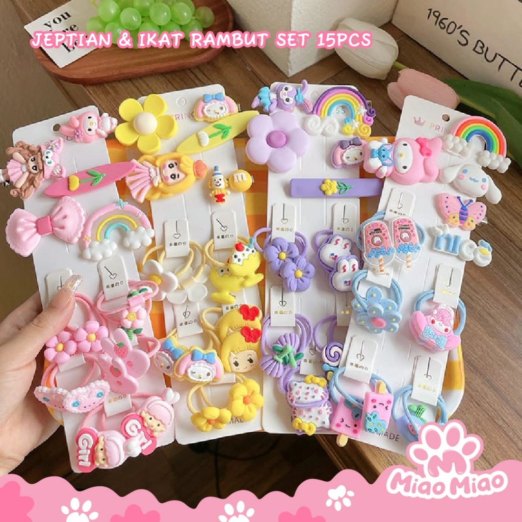 15 PCS/Set Karet dan Jepitan Ikat Rambut Anak Wanita COD Gratis Ongkir