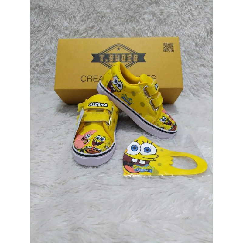 SEPATU ANAK KARAKTER SPONGEBOB PENDEK REKAT FREE CETAK NAMA DAN PHOTO/CUSTOM/TREND KIDS/FASHION KIDS
