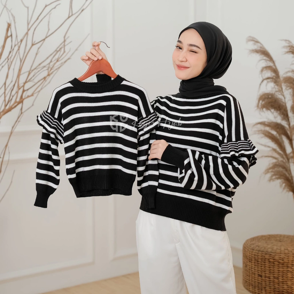 Koyu Hijab Baju Rajut Stripe Couple Ibu dan Anak