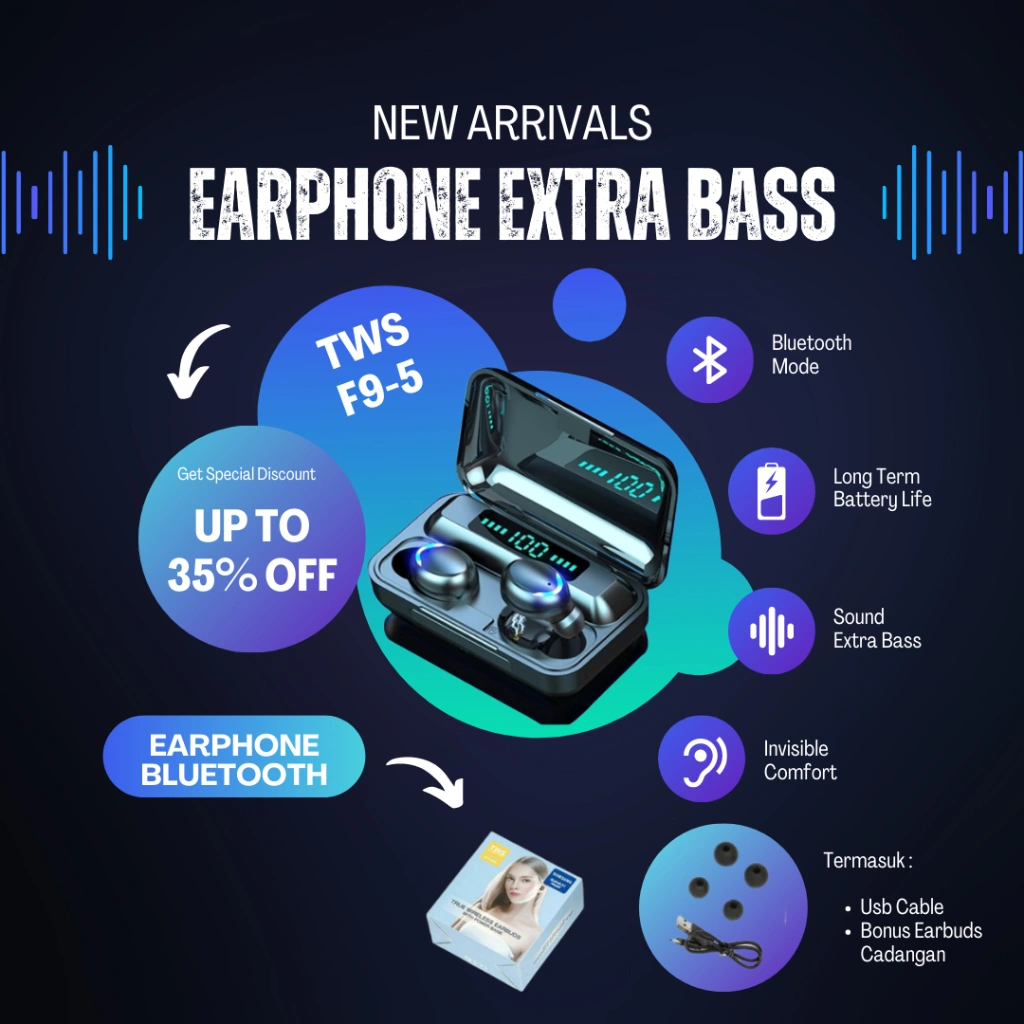 Headset Bluetooth Bass HiFi Stereo Sound with Powerbank F9-5 TWS Noise Reduction Earphone Wireless
