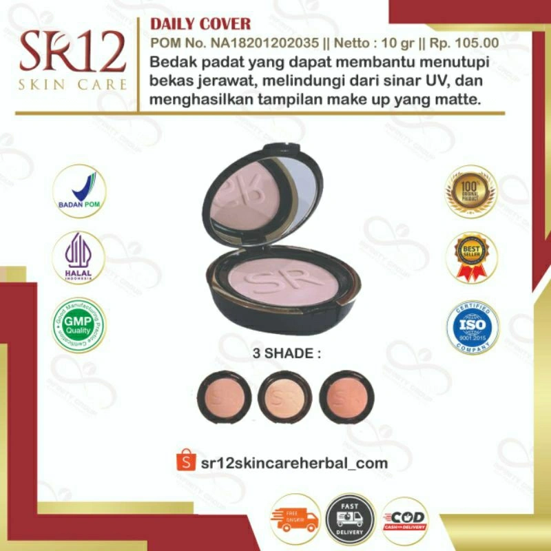 DAILY COVER SR12 - Bedak Padat SPf 25 Membantu Menutup Bekas Jerawat Flek Hitam BPOM Anti Luntur Anti Longsor Tahan Air