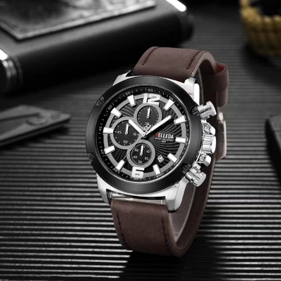 Jam Tangan Pria Belleda 9253 Tali Kulit  Chronograf  Tanggal Aktif Anti Air Luxury Watches Original