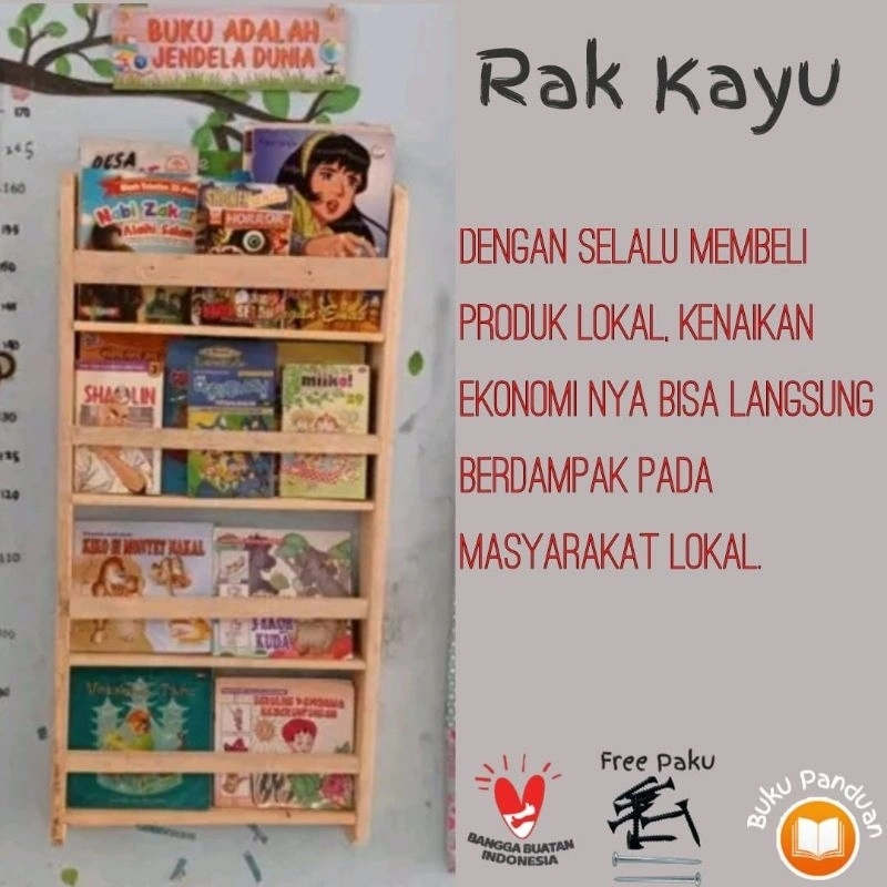 Tempat Buku Kayu Gantung 4 susun - Rak Bumbu dinding minimalis - Menyimpan Hiasan Dekorasi