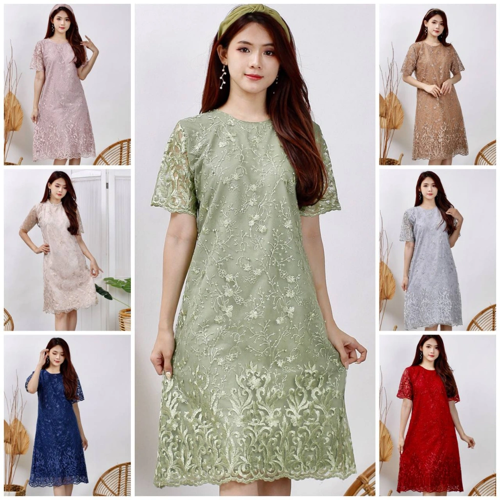 (Suplier) Dress Tile Brukat Bordir S M L XL XXL JUMBO + Allsize / Dres Natal Dress Gereja Kondangan