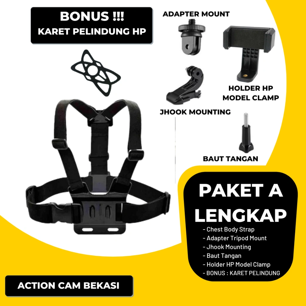 Body Chest Strap Mounting + Holder Smartphone Dan Action Camera Gopro Yi Cam Kogan Motovlog Sepeda