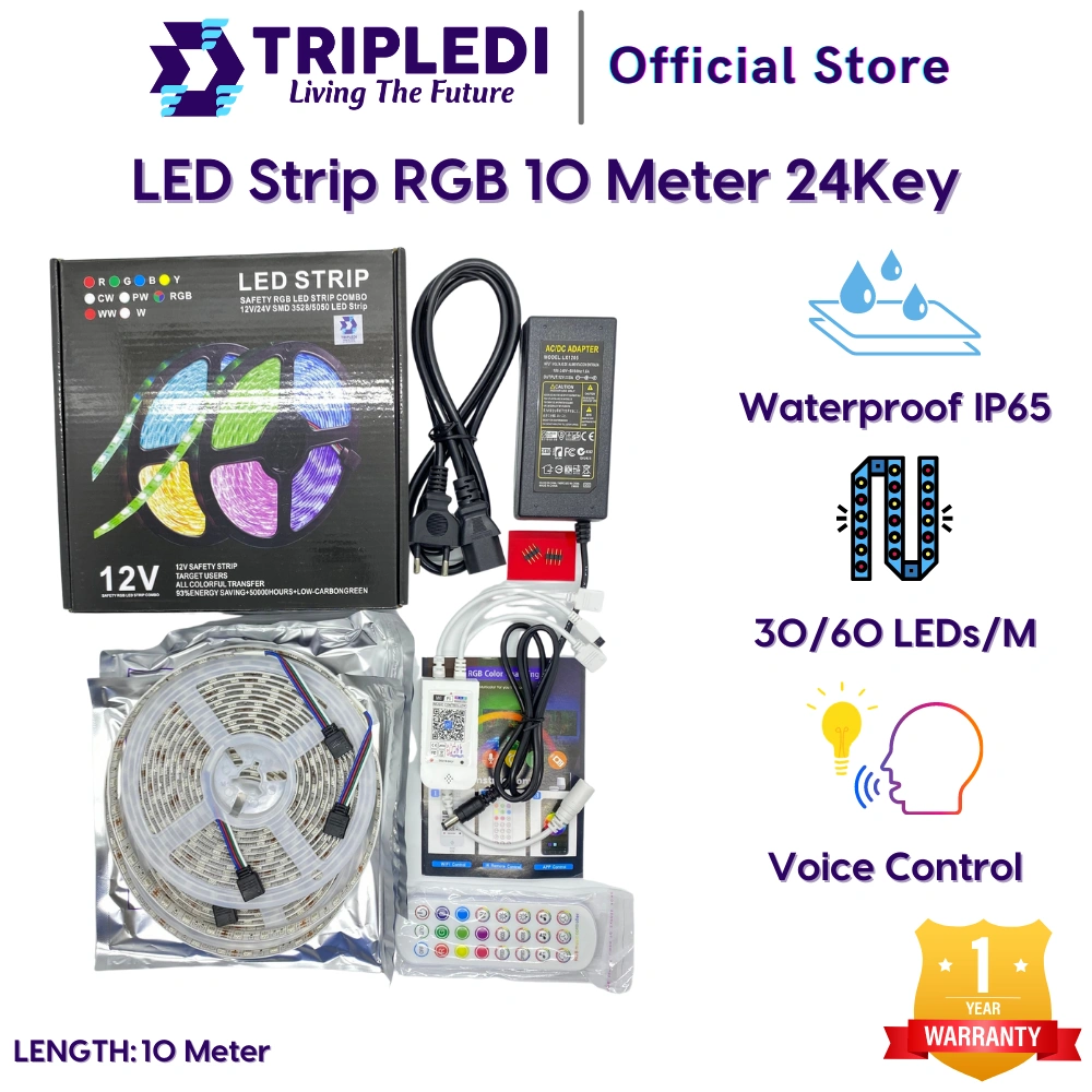 TRIPLEDI LED Strip RGB 5050 10 Meter IP65 12V Bluetooth WiFi Google Home Assistant Alexa IR Remote Lampu Dekorasi Kamar Indoor Smart Lighting Plafon Rumah Tempel Hias Taman Outdoor Waterproof Aesthetic