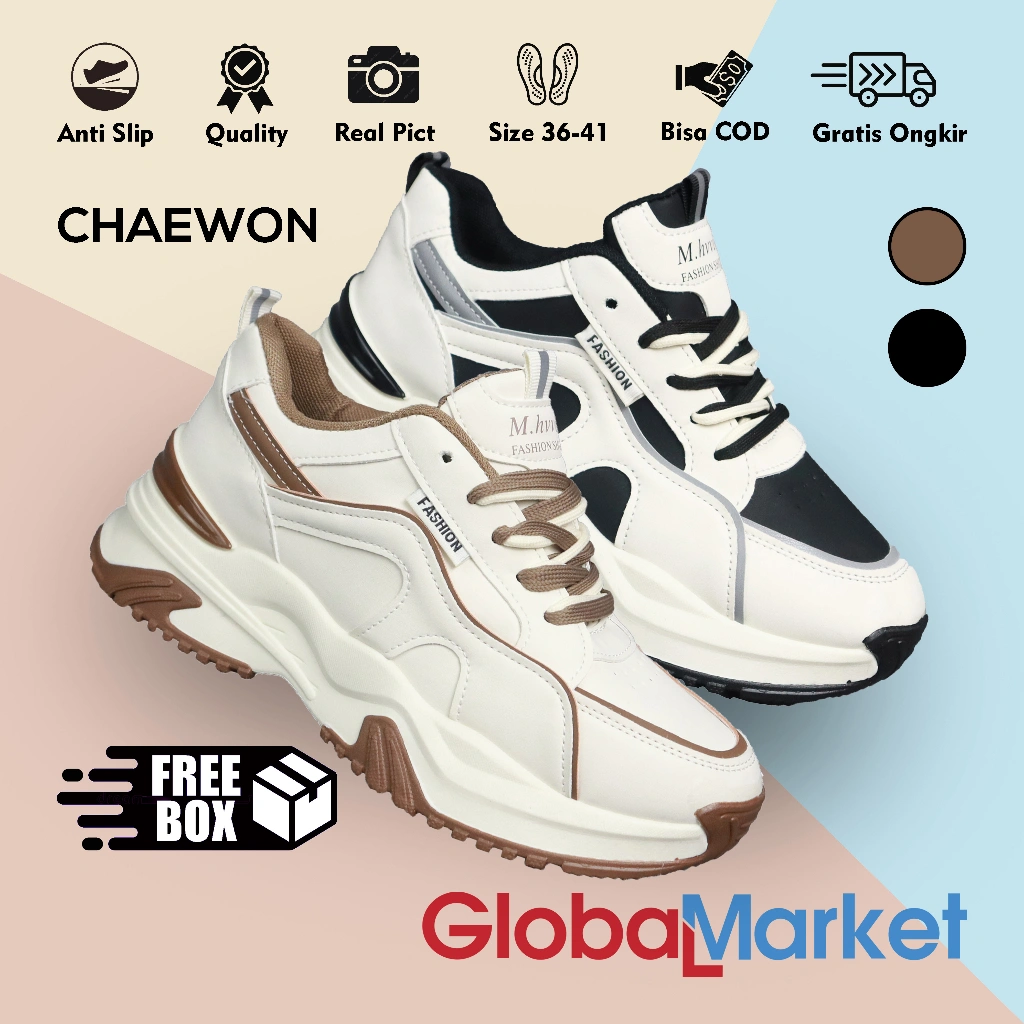 Globalmarket Chaewon Sepatu Sneakers Wanita Casual White Shoes Sport Trendy Woman Fashion Bertali Hak Tinggi Korea High Premium Quality Import Sintetis PU Kampus Kantor Olahraga Sekolah Jalan Ukuran 36 Sampai 41 Free Box Cod 1313