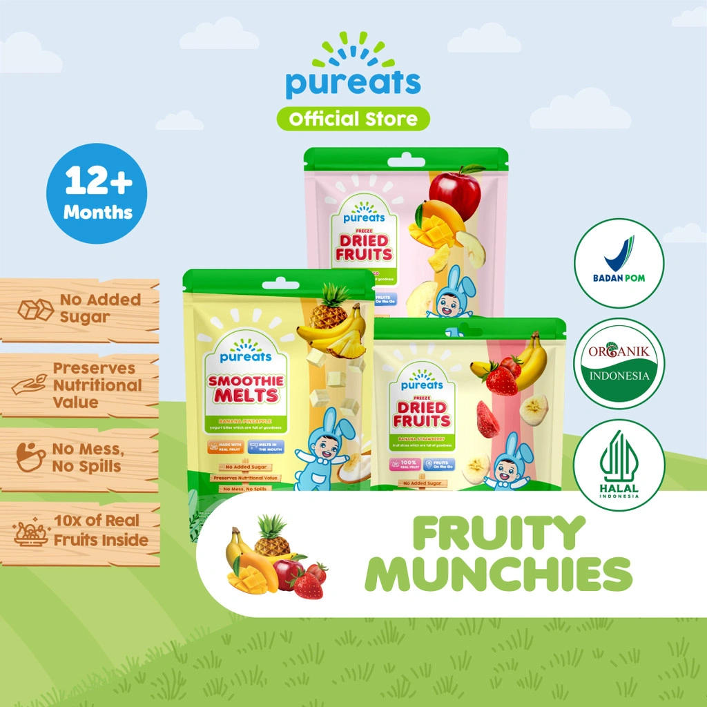 Pureats Bundle Mix (2 x Dried Fruits & 1 x Smoothie Melts) - Paket Snack Buah Kering Cemilan Sehat Alami Anak Bayi