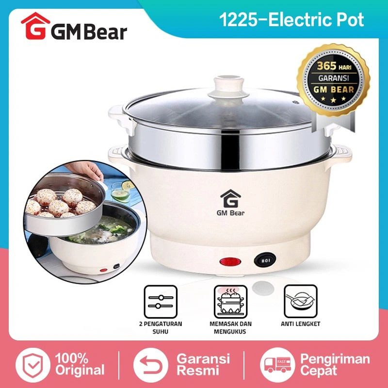 [INSTAN] GM Bear Panci Listrik Serbaguna (2 in 1) 1225 - Electric Cooking Pot Free Steamer Stainless