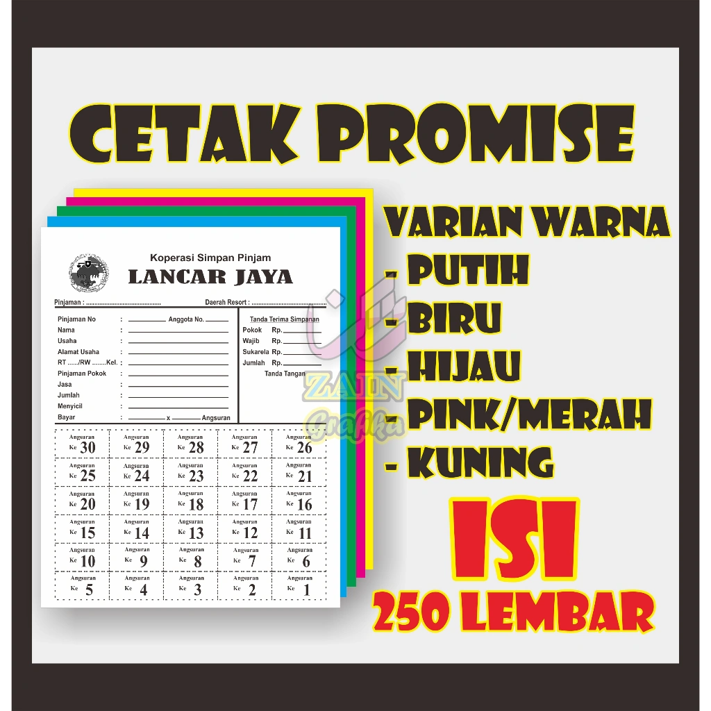 250 lembar Cetak promise angsuran koperasi kertas warna zain grafika