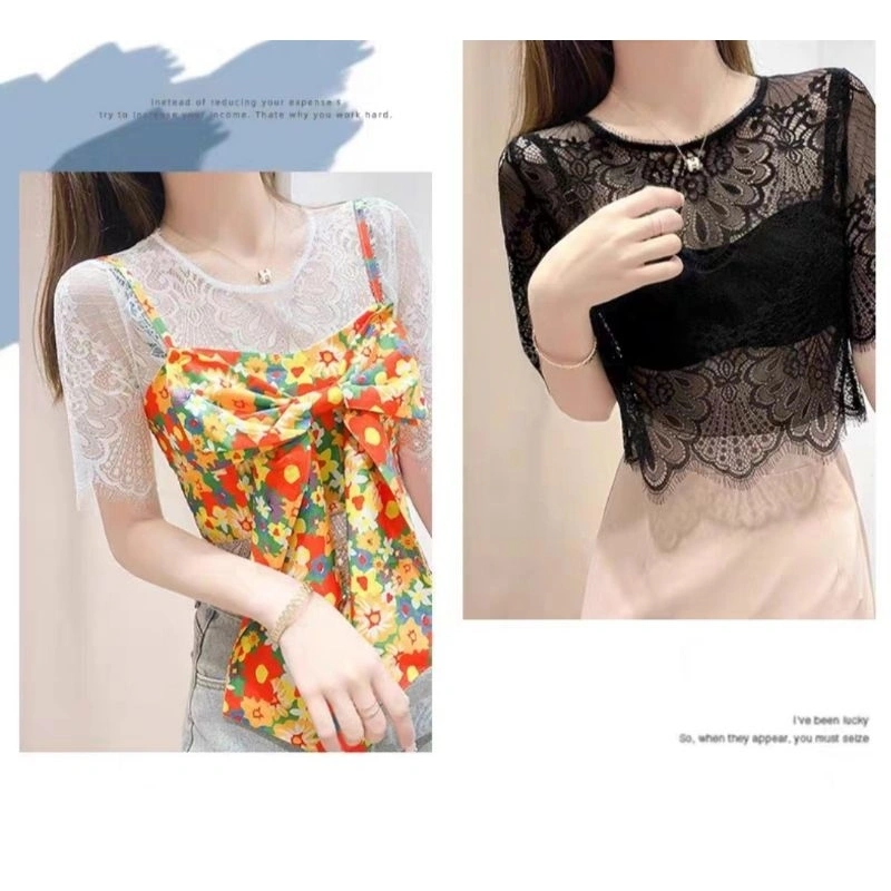 Lace Blouse Premium Lengan Pendek Berongga Lancip