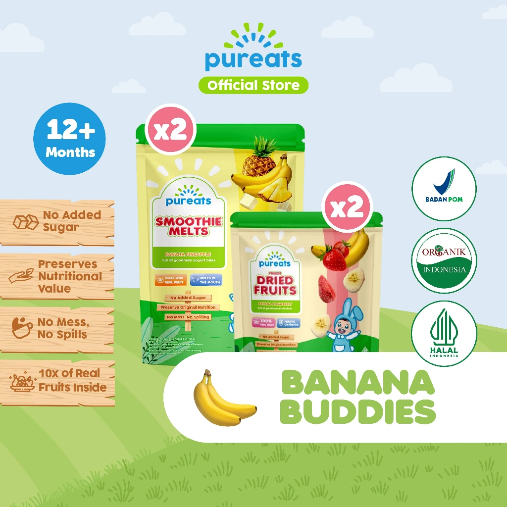 Pureats Bundle Banana (2 x Dried Fruits & 2x Smoothie Melts) - Paket Snack Buah Pisang Kering Cemilan Sehat Alami Anak Bayi