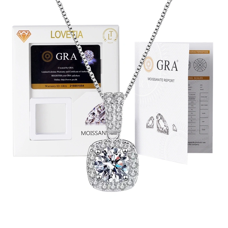LOVETIA Kalung Liontin Square Moissanite Perak 925 1.0 Ct Sertifikat GRA BTXL016