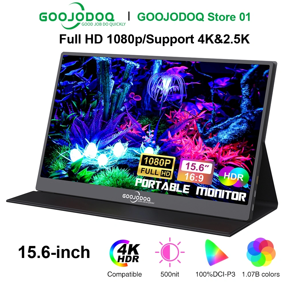 GOOJODOQ 15.6'' Portable Monitor for Laptop 1920*1080P 4K FHD IPS Display Portable Monitor for iPad/PC/Mac/Phone/Xbox Switch/PS4