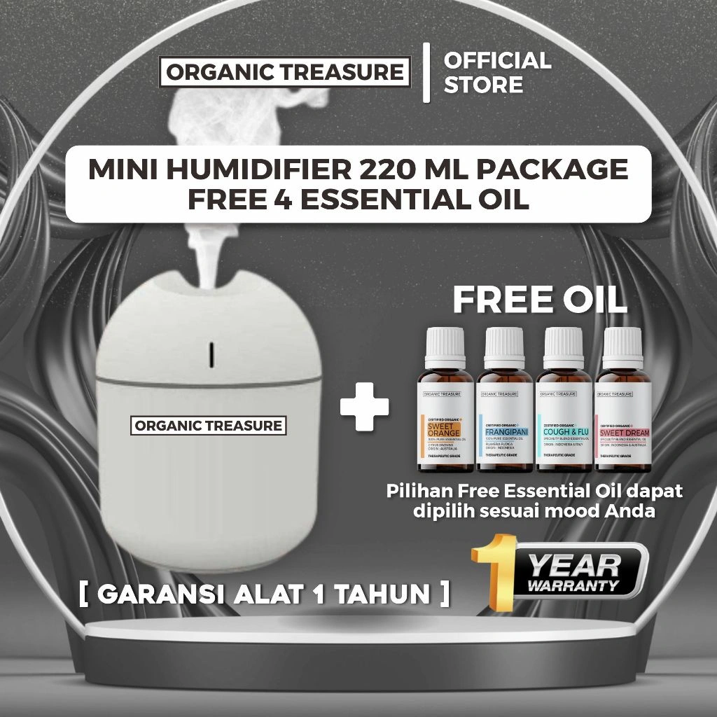 ORGANIC TREASURE - Paket Mini Humidifier 220ML Aromatherapy FREE 4 Essential Oil Grade+ [ 1 YEAR GUARANTEE ]