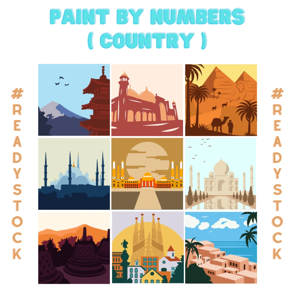 Paint By Number Kit (Country) l DIY Paint by Number KIT l Canvas Lukisan 20 x 20 cm ( yemen india japan mesir maroko pakistan spanyol )