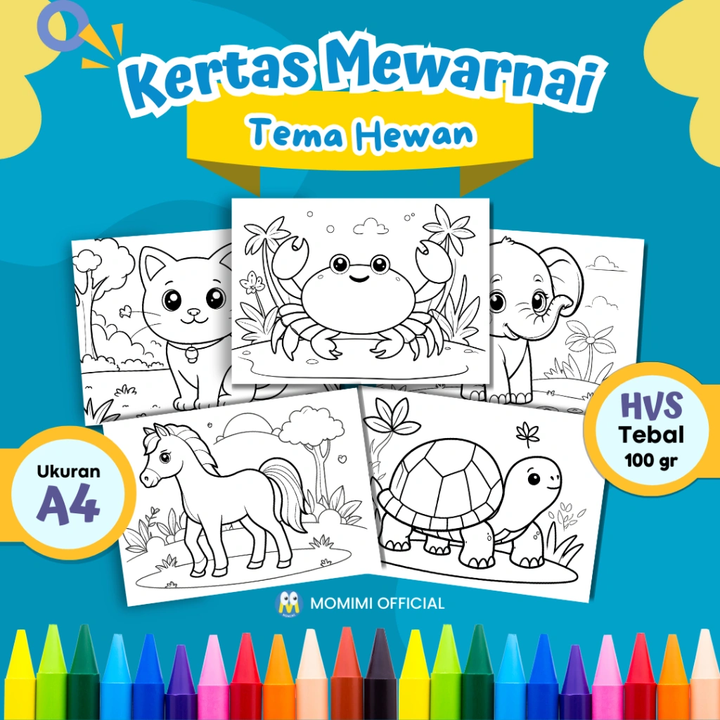 KERTAS MEWARNAI ANAK TEMA HEWAN BINATANG / KERTAS GAMBAR MEWARNAI ANAK PAUD TK SD - A4 TEBAL 100 gr