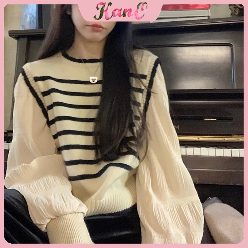 KANO Korea jahitan bergaris palsu dua potong sweater  longgar Cardigan Sweater Wanita sweater rajutq  rajut wanita atasan pendek longgar Cardigan Sweater Wanita sweater