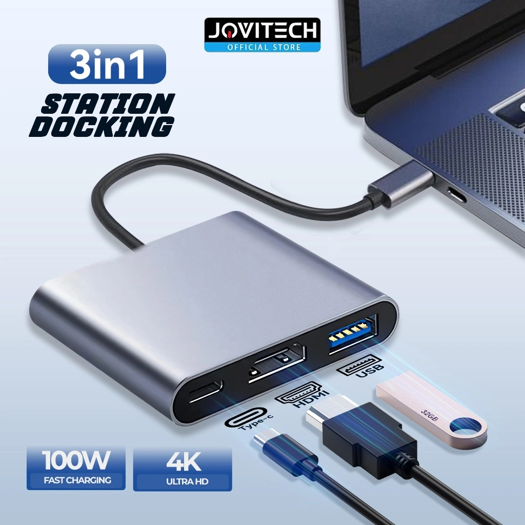 Jovitech Kabel Converter DS05 3 IN 1 USB C Type-C To HDMI HUB Adapter Travel 4K VGA USB 3.0 Adapter Kable Tipe C Digital TV Monitor