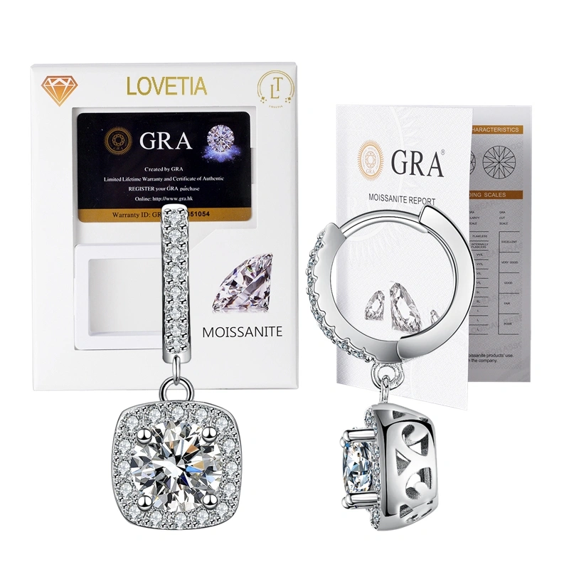 LOVETIA Anting Square Moissanite Perak 925 1.0 Ct Sertifikat GRA BTEH015