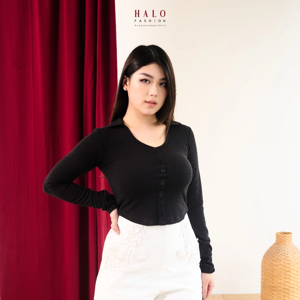[HaloFashion] Kara Top Kaos Knitted Polo Shirt - Women Longsleeve - Strech T-shirt