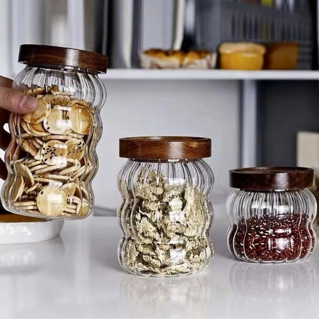 Living With Style - Flower Stripes Glass Food Jar / Toples Kaca Bentuk Bunga Motif Garis Cantik / Tempat Penyimpanan Kopi Teh Bumbu Kue Cemilan Cantik