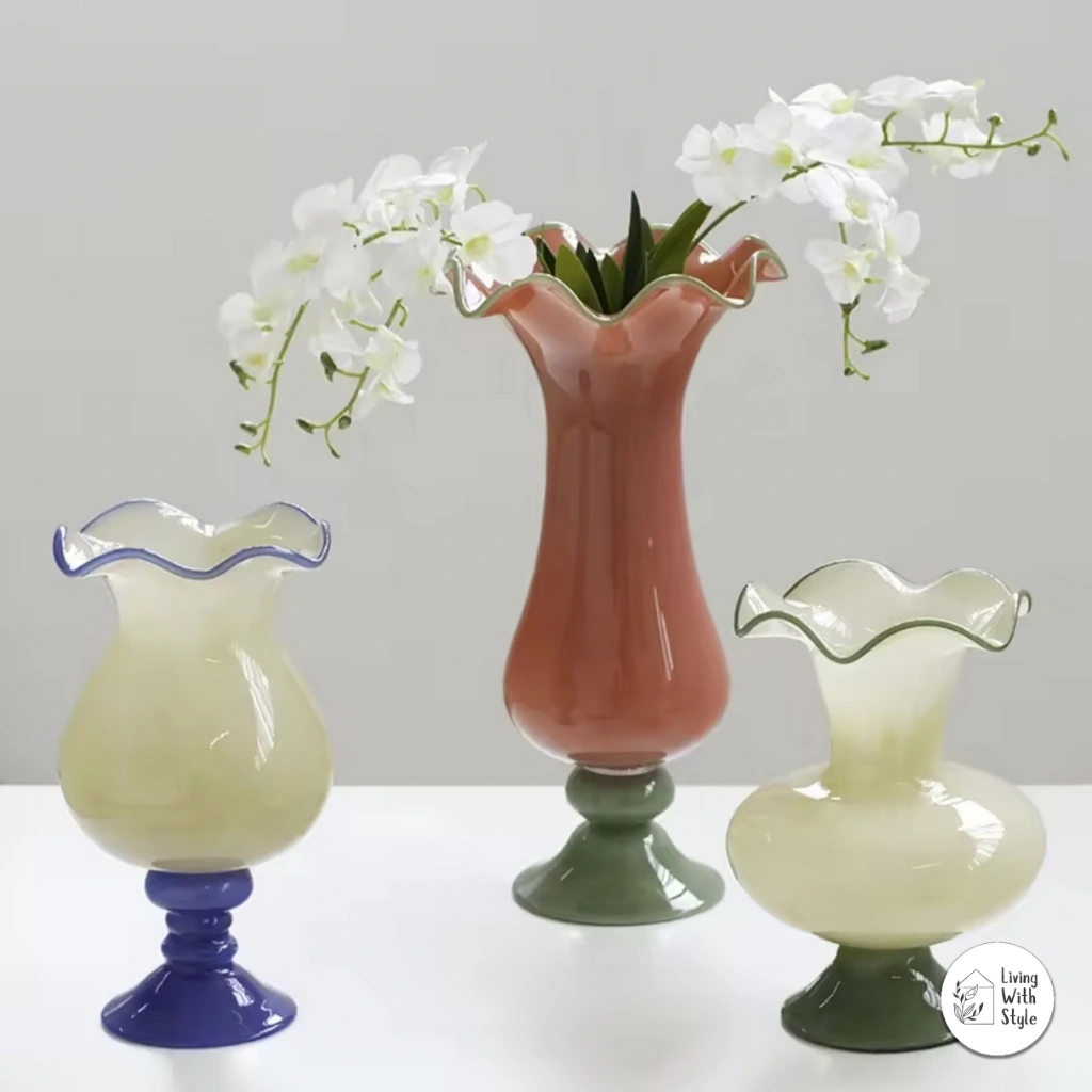 Living With Style - Aria Ruffles Glass Vase Large Size / Vas Bunga Kaca Cantik Premium Ukuran Besar / Flower Vase Luxury Pajangan Dekorasi Rumah
