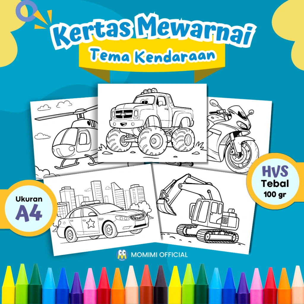 KERTAS MEWARNAI ANAK TEMA KENDARAAN / KERTAS GAMBAR MEWARNAI UNTUK ANAK PAUD TK SD - A4 TEBAL 100 gr