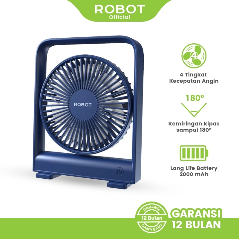 ROBOT RT-BF14B Kipas Mini Portable Ultra-Thin 2000mAh 4 Level Angin Desain Slim Stylish 180° Vertikal Putar Baterai Awet Type-C Fan untuk Kantor Rumah Olahraga Outdoor Warna Dark Blue Original - Garansi 1 Tahun