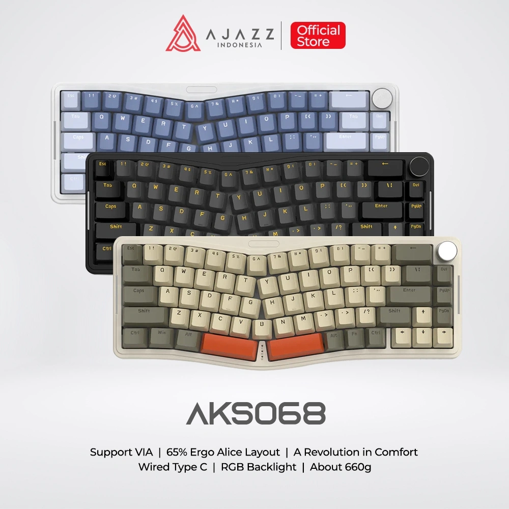 Ajazz AKS068 Alice Layout 68 Keys VIA Mechanical Keyboard Wired RGB with Metal Knob Volume