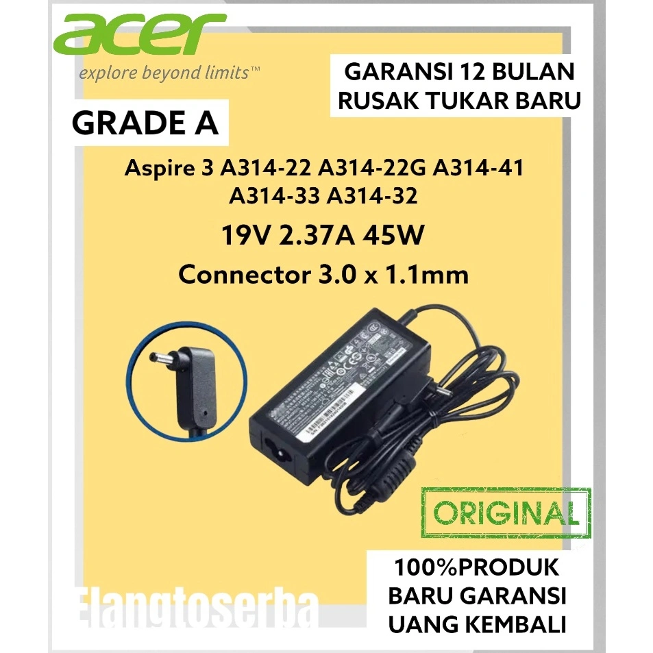 Charger cas Adaptor Laptop Acer Aspire 3 A314-22 A314-22G Series ORIGINAL GRADE A