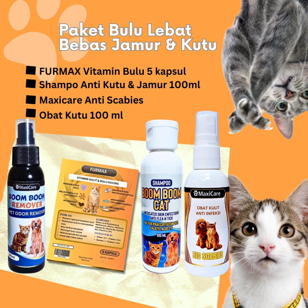 PAKET BULU LEBAT BEBAS JAMUR DAN KUTU KUCING - FURMAX + SHAMPO + ANTI SCABIES + FLEA REMOVER CLEVER SOLUTION ROYALCARE MAXCAT OLIVECARE