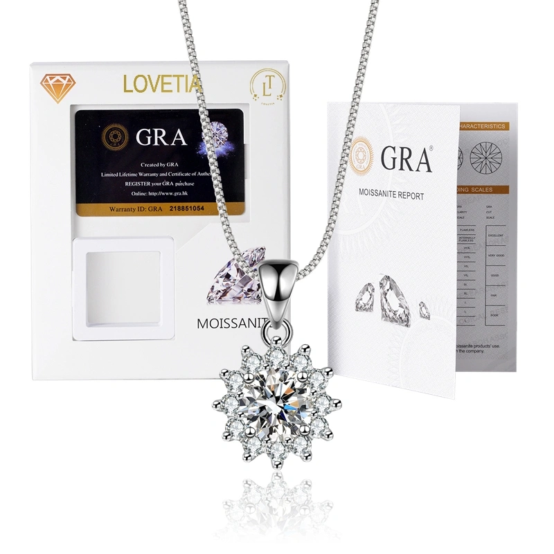 LOVETIA Kalung Moissanite Bunga matahari Perak 925 1.0 Ct Sertifikat GRA BTXL017