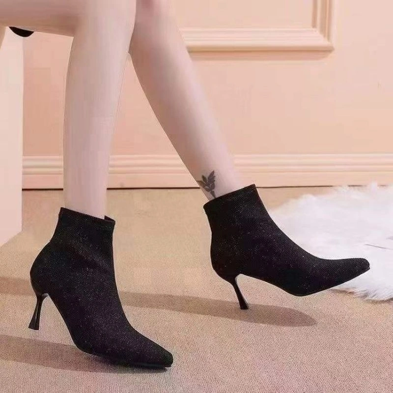 Sepatu Ankle Boots Sock Wanita Heels Stiletto Korea Hitam Shimmer B75