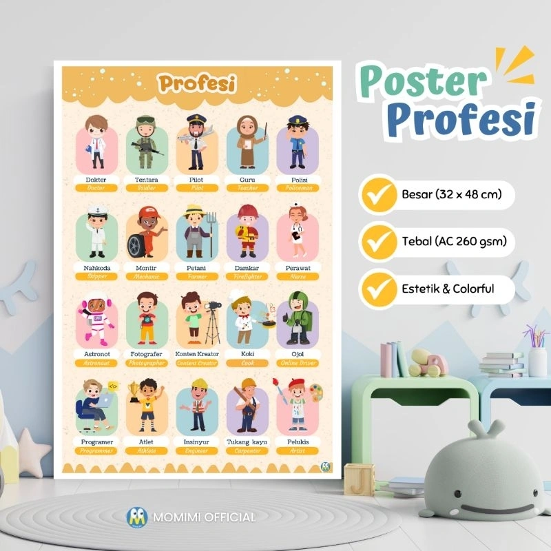 Poster Edukasi PROFESI Pekerjaan untuk Belajar Anak Usia Dini, PAUD, TK, Estetik Aesthetic Colorful