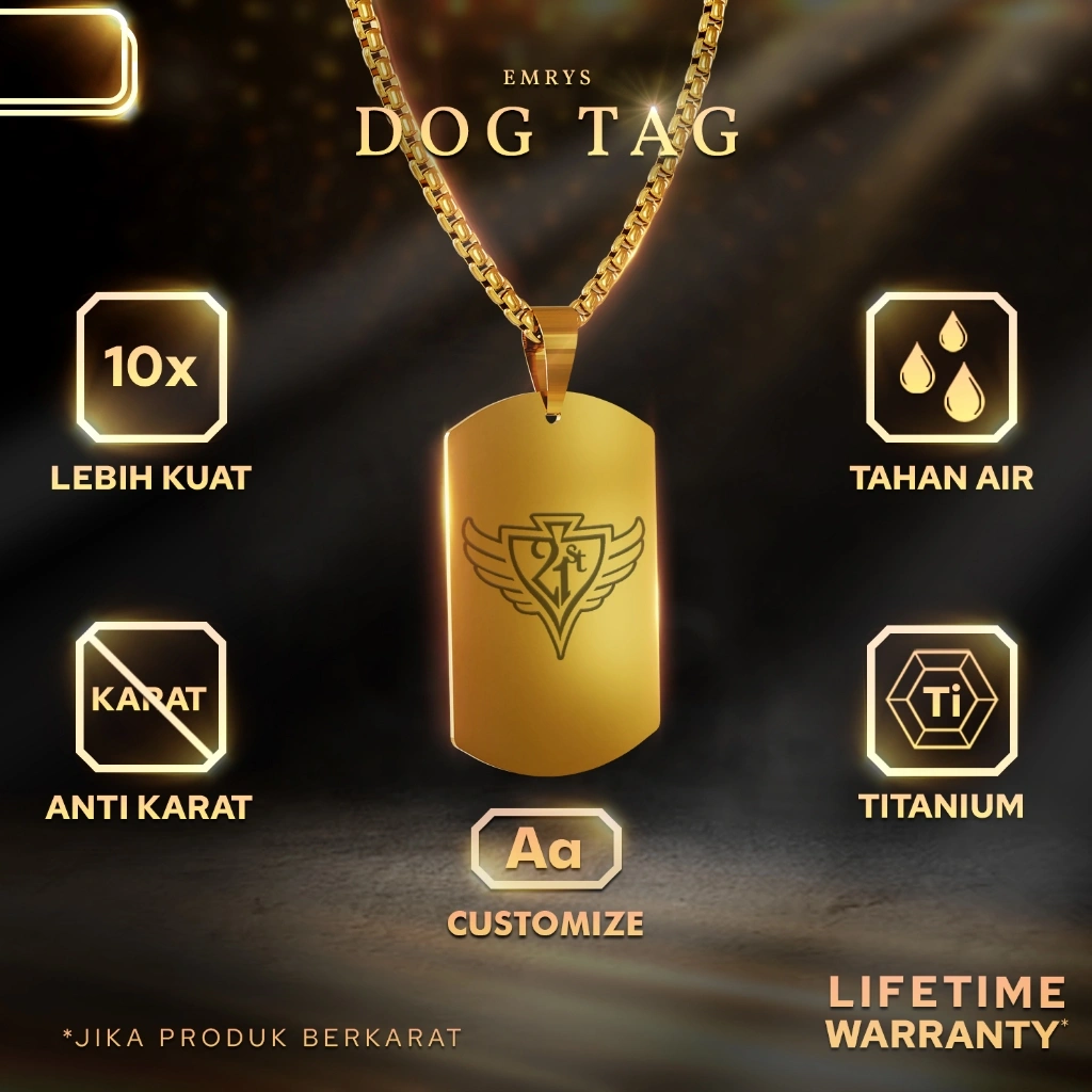 BUY 1 FREE 1 GIFT Emrys Liontin Set DOG TAG Real Titanium Anti Karat Kalung Titanium Pria Wanita