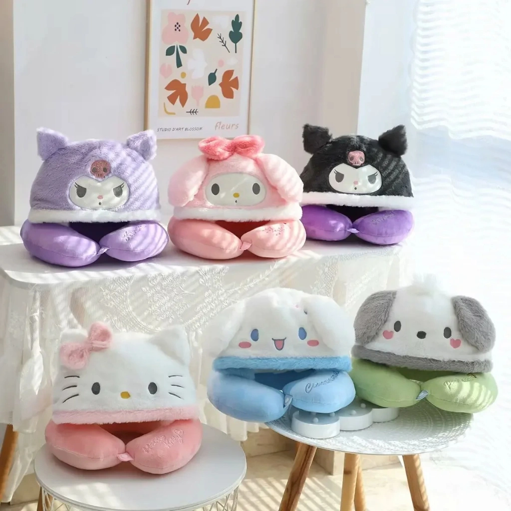 Bantal Leher Hoodie Karakter Lucu Sanrio Hello Kitty U-shaped Pillow Anime My Melody topi