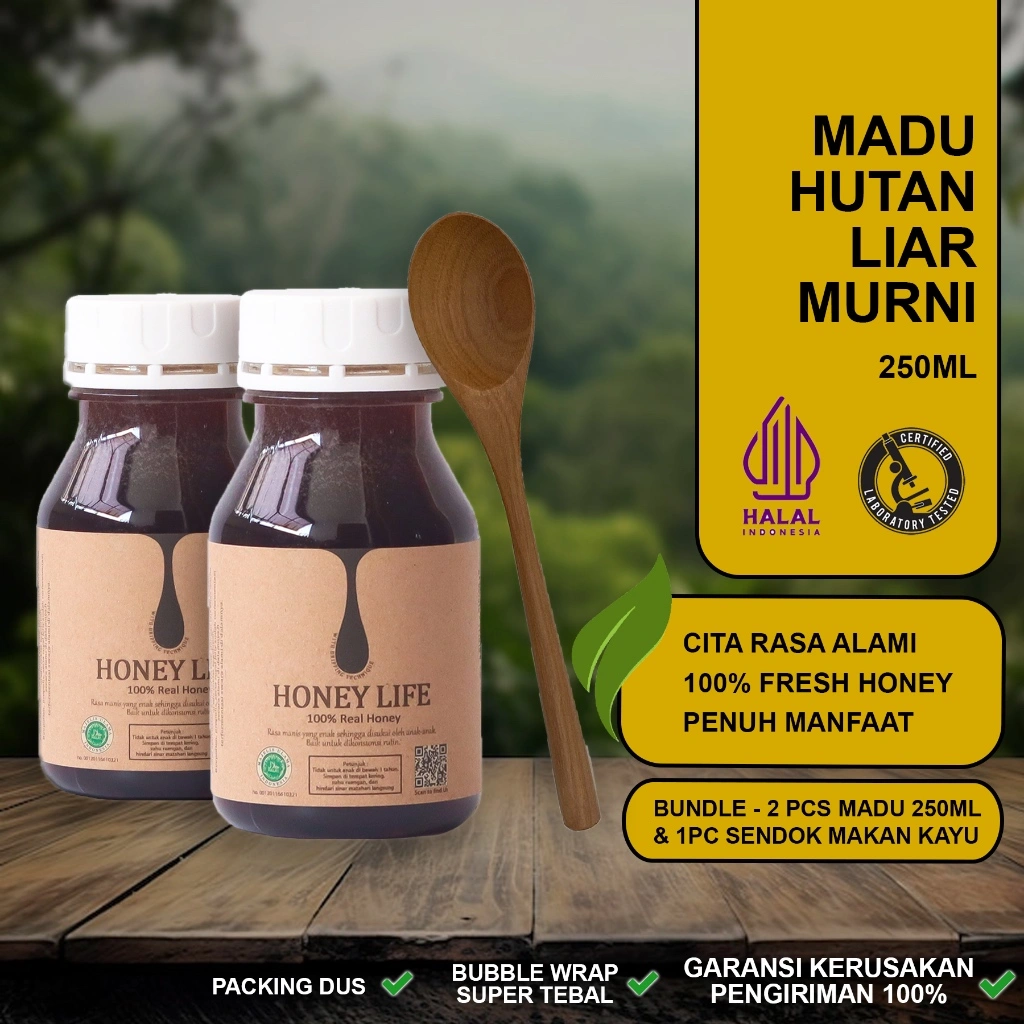 HL - Madu Hutan Honey Life 250Ml (2 Bottles) + Sendok Makan Kayu