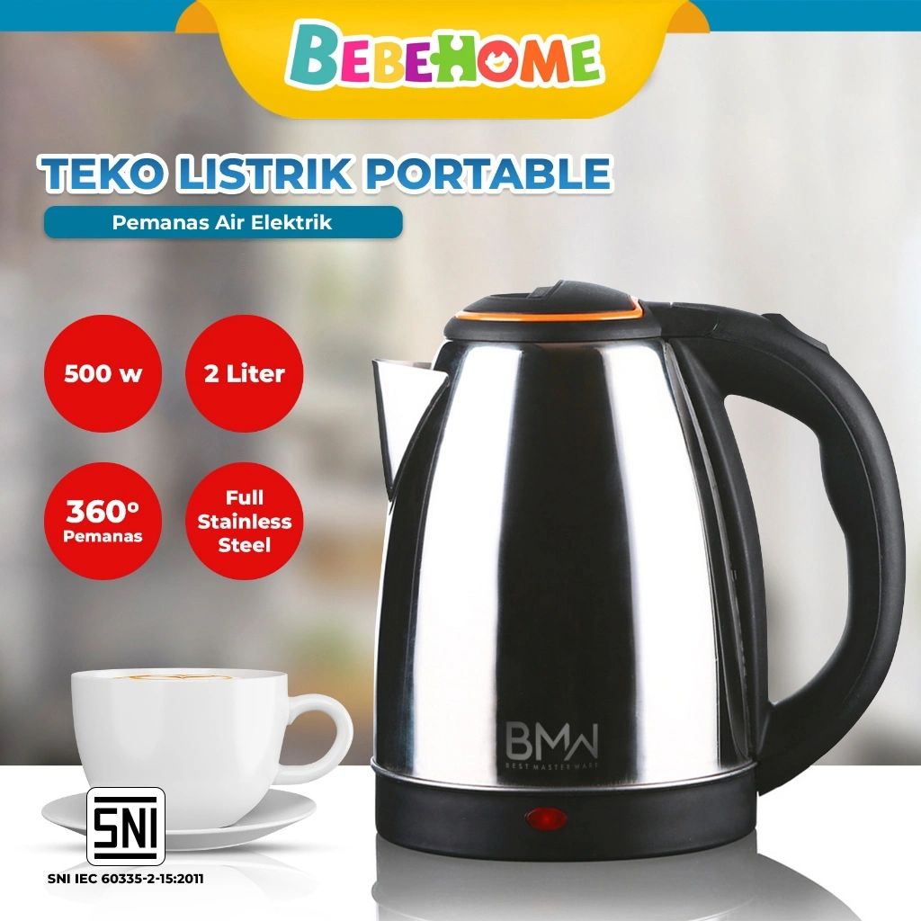 Bebehome Teko Listrik 2 Liter Full Stainless Steel Pemanas Air Electric Kettle Ketel Besar Otomatis 500 Watt