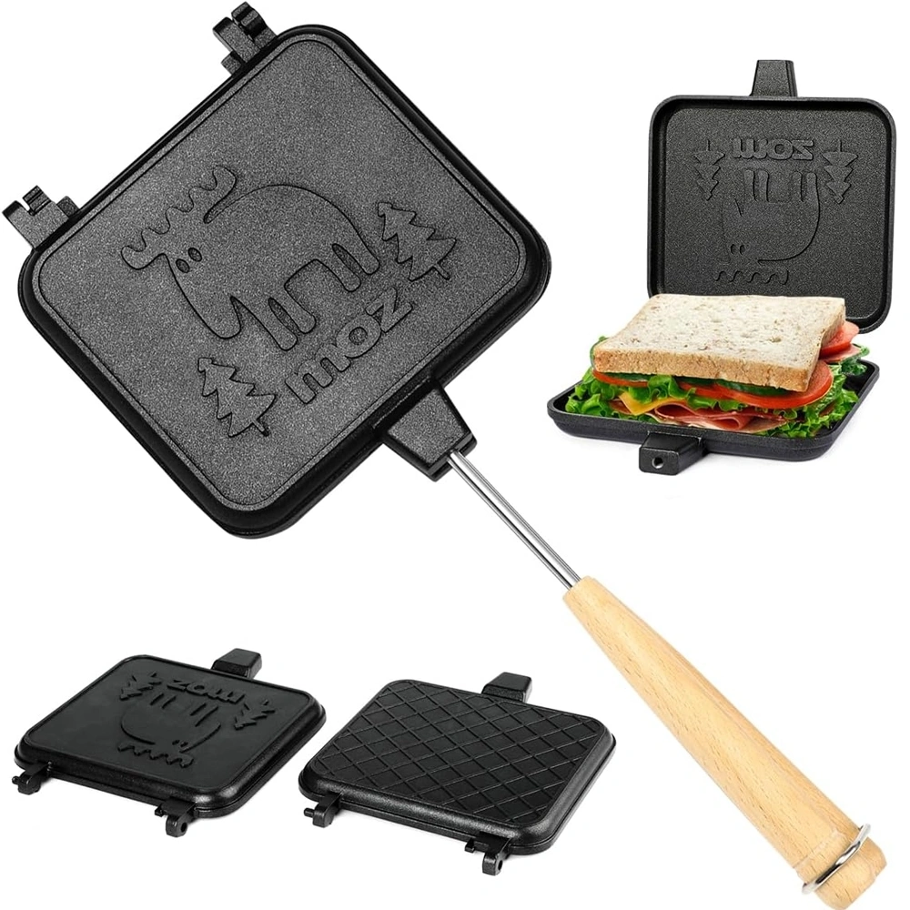 Cetakan Sandwich Roti Bakar Panggang Kompor Manual Press Motif Moz Rusa Teflon Lipat Anti Lengket