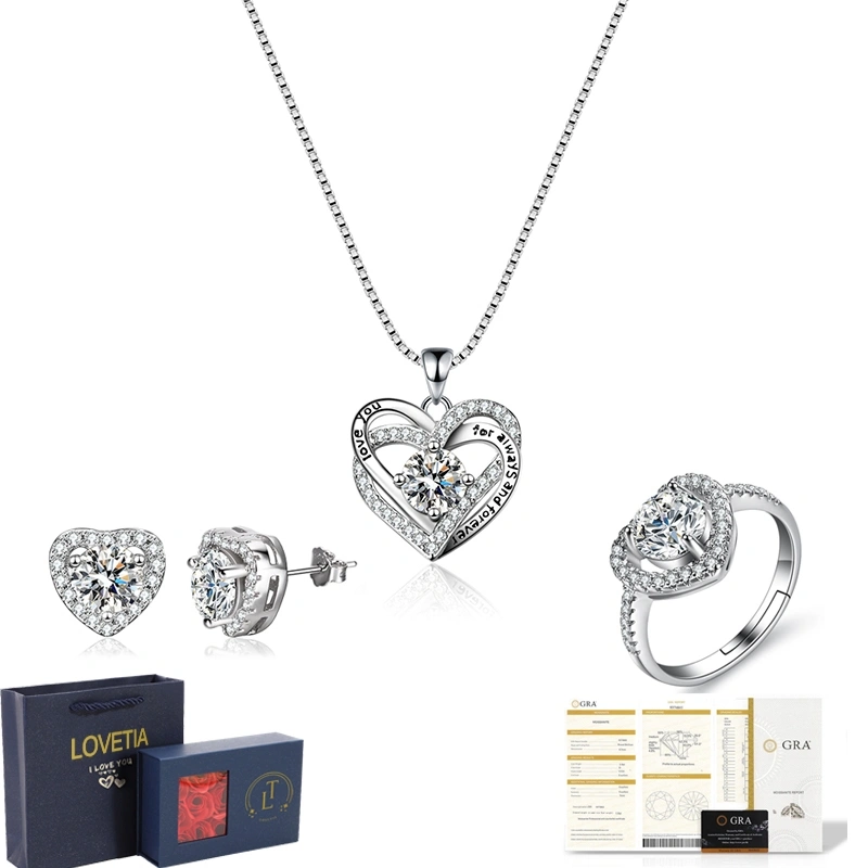 LOVETIA Set Bentuk Hati Moissanite Perhiasan Kalung Cincin Anting Wanita Sertifikat GRA Asli BTTZ003