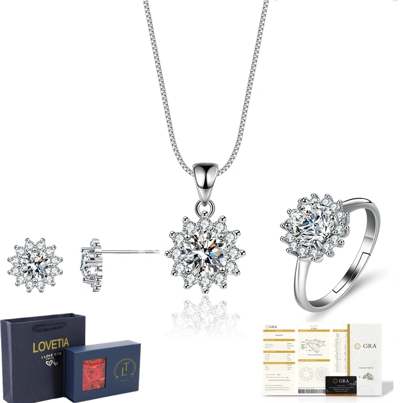 LOVETIA Set Sunflower Moissanite Berlian Wanita Set Perhiasan Perak 925 Sertifikat GRA Asli BTTZ006