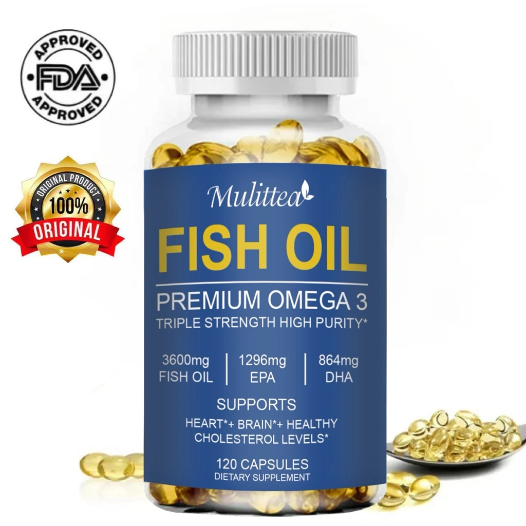 Mulittea Fish Oil 3600 mg Soft-Gels omega 3 supplement with EPA & DHA for Brain Heart Joints Skin and Immune Support 120pcs Minyak Ikan 3600 Mg Suplemen Omega 3 Gel Lembut dengan EPA & DHA untuk Sendi Jantung Otak Kulit dan Dukungan Kekebalan Tubuh