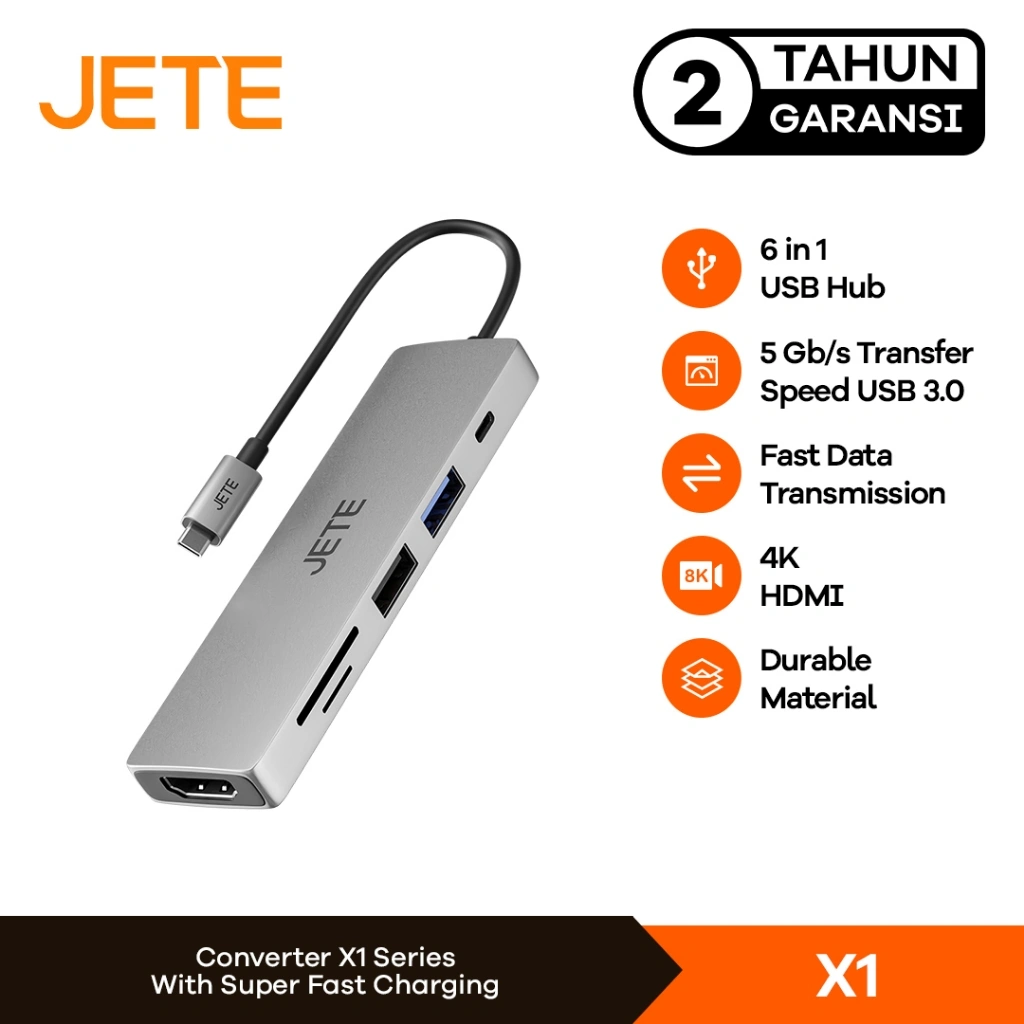 JETE X1 Converter Multimedia Port HUB Type C Adapter to HDMI & USB 3.0 (6in1) - Garansi 2 Tahun