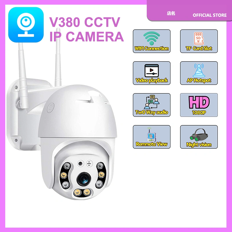 CCTV V380 Pro Outdoor Wifi IP Kamera 1080P Waterproof PTZ Color Night Vision, 2-Way Audio